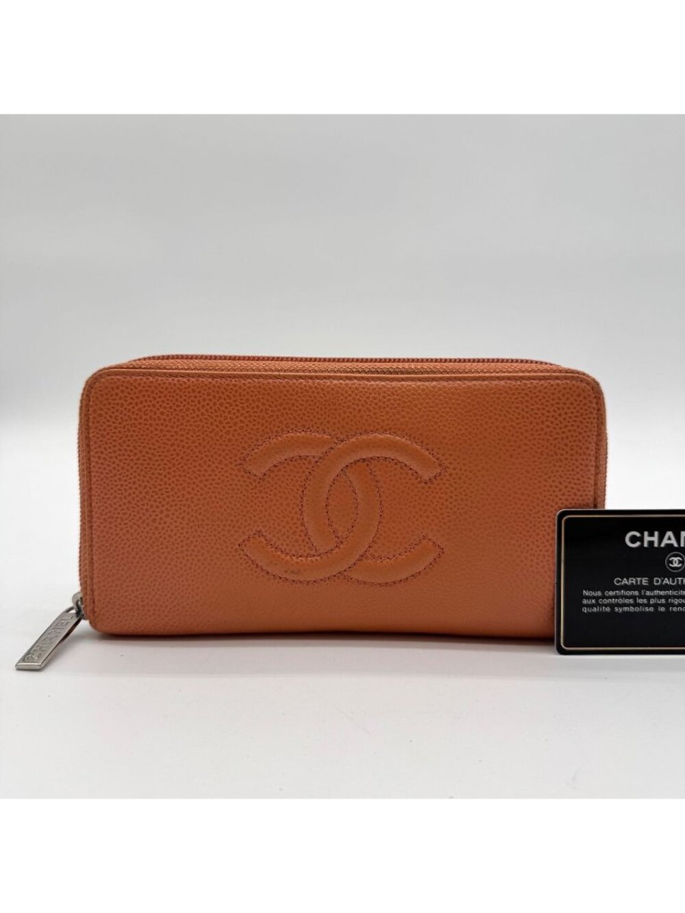 Chanel Large Wallet Caviar Leather CC Logo Orange Zip Around